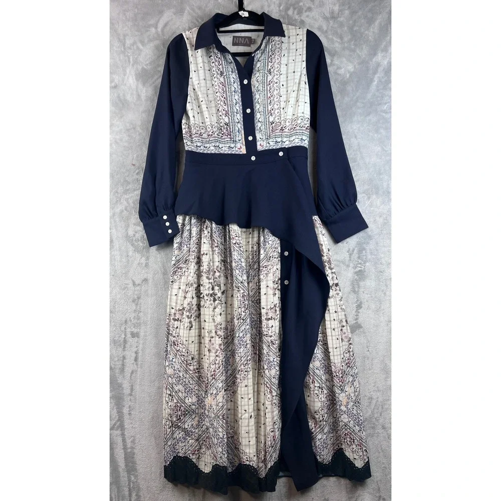 NNA ENJOY Maxi Dress Small Boho Modest Navy Mixed Print Asymmetrical Peplum - Picture 2 of 11